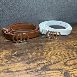Lot of 2 Skinny Faux Leather Belts Brown White Gold Interlocking Circle Buckle